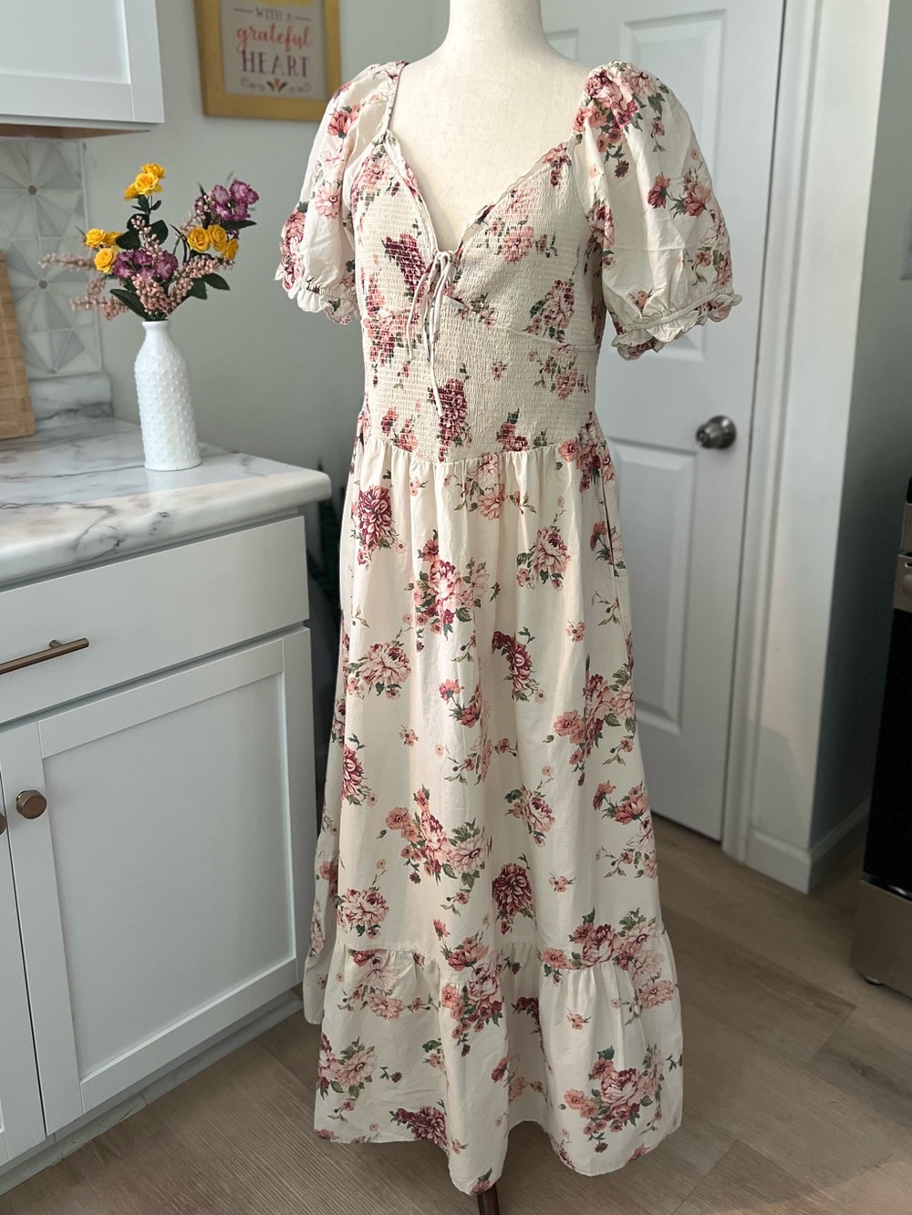 New Floral Feminine Puff Sleeve 100% Cotton Smock Tiered Cottagecore Maxi Dress